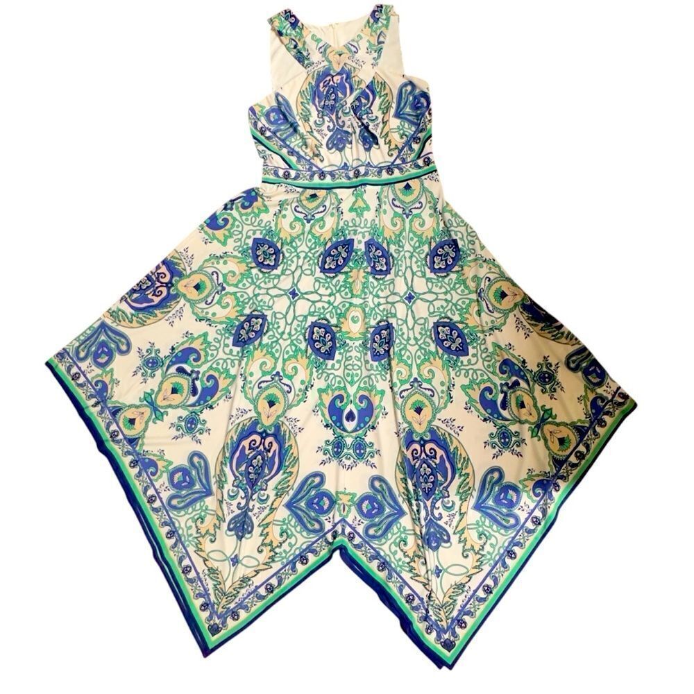 Donna Morgan Blue Green Paisley Print Asymmetrical Midi Dress Size 6